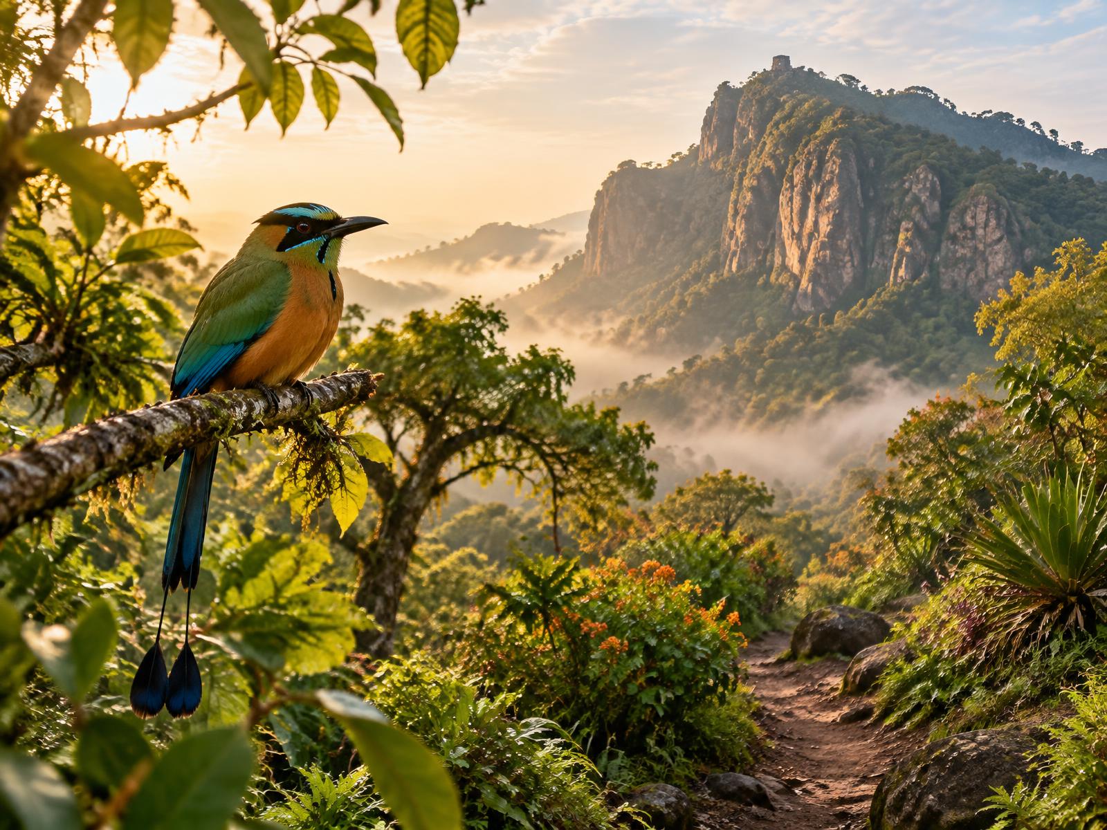 Ave tropical sobre una rama en los senderos del Parque Nacional El Tepozteco, Tepoztlán; imagen de referencia
