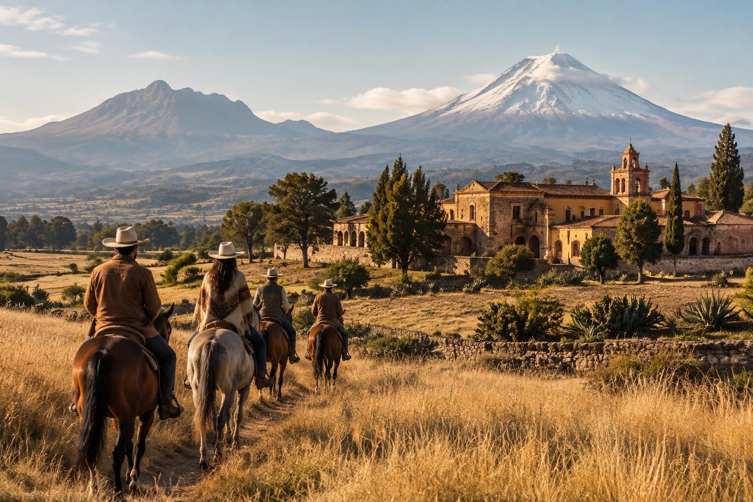 Cabalgata por el altiplano de Tlaxcala con vistas al Pico de Orizaba y una hacienda histórica; imagen de referencia