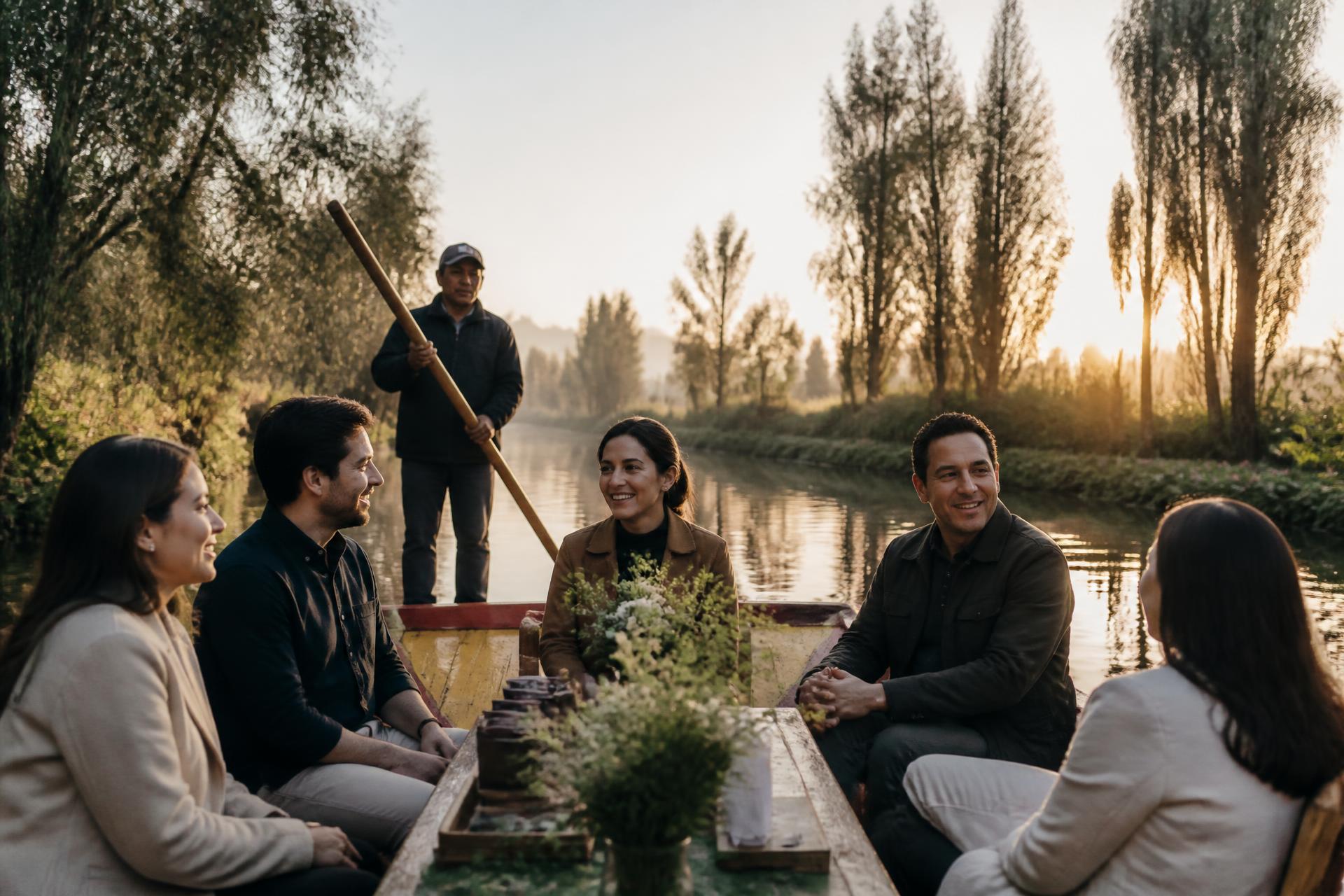 Equipo compartiendo una experiencia privada en los canales de Xochimilco
