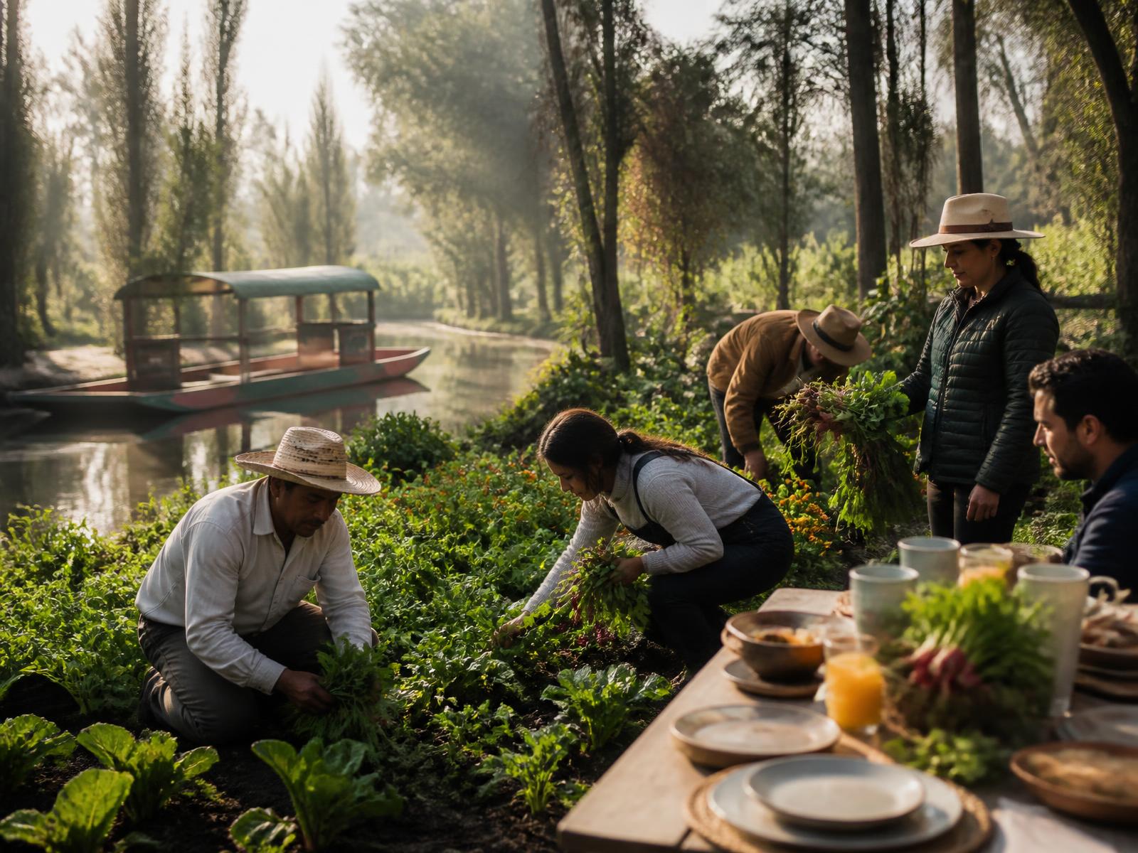 Grupo privado con productores agroecológicos en una chinampa de Xochimilco