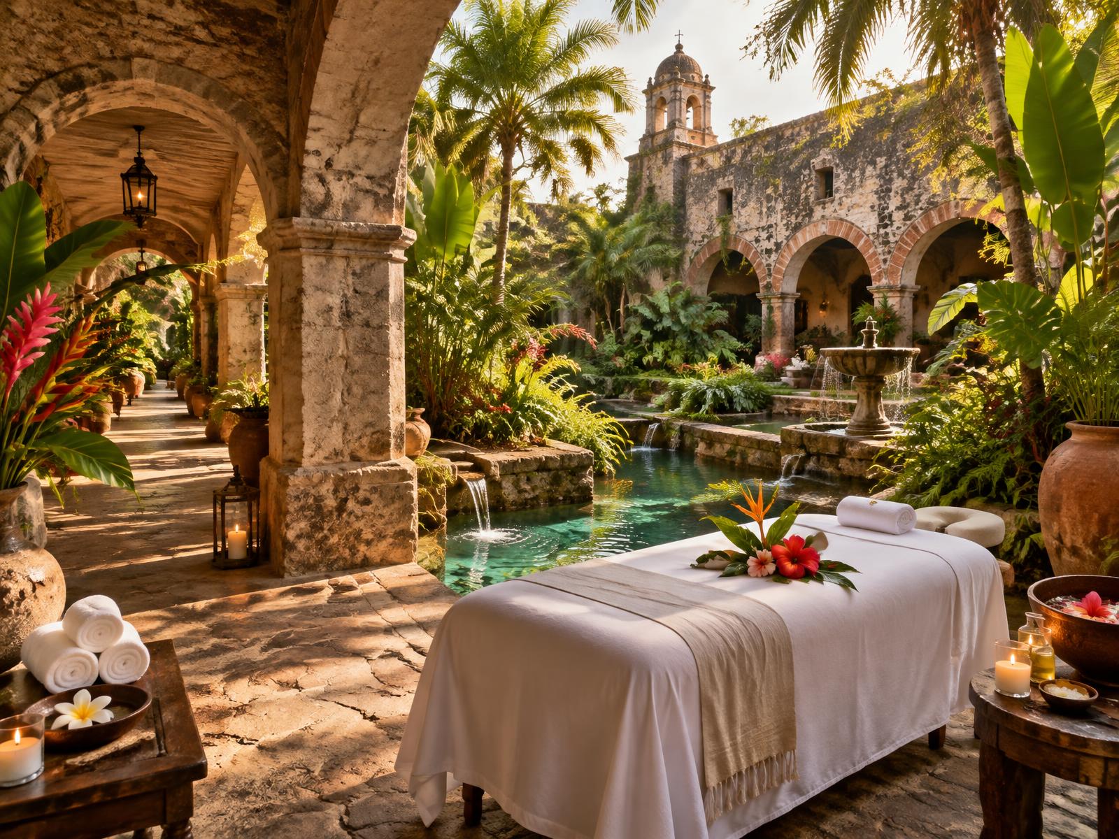 Patio de una hacienda cañera del siglo XVI en Morelos con arcos de piedra, jardines, fuentes y camilla de masaje; imagen de referencia