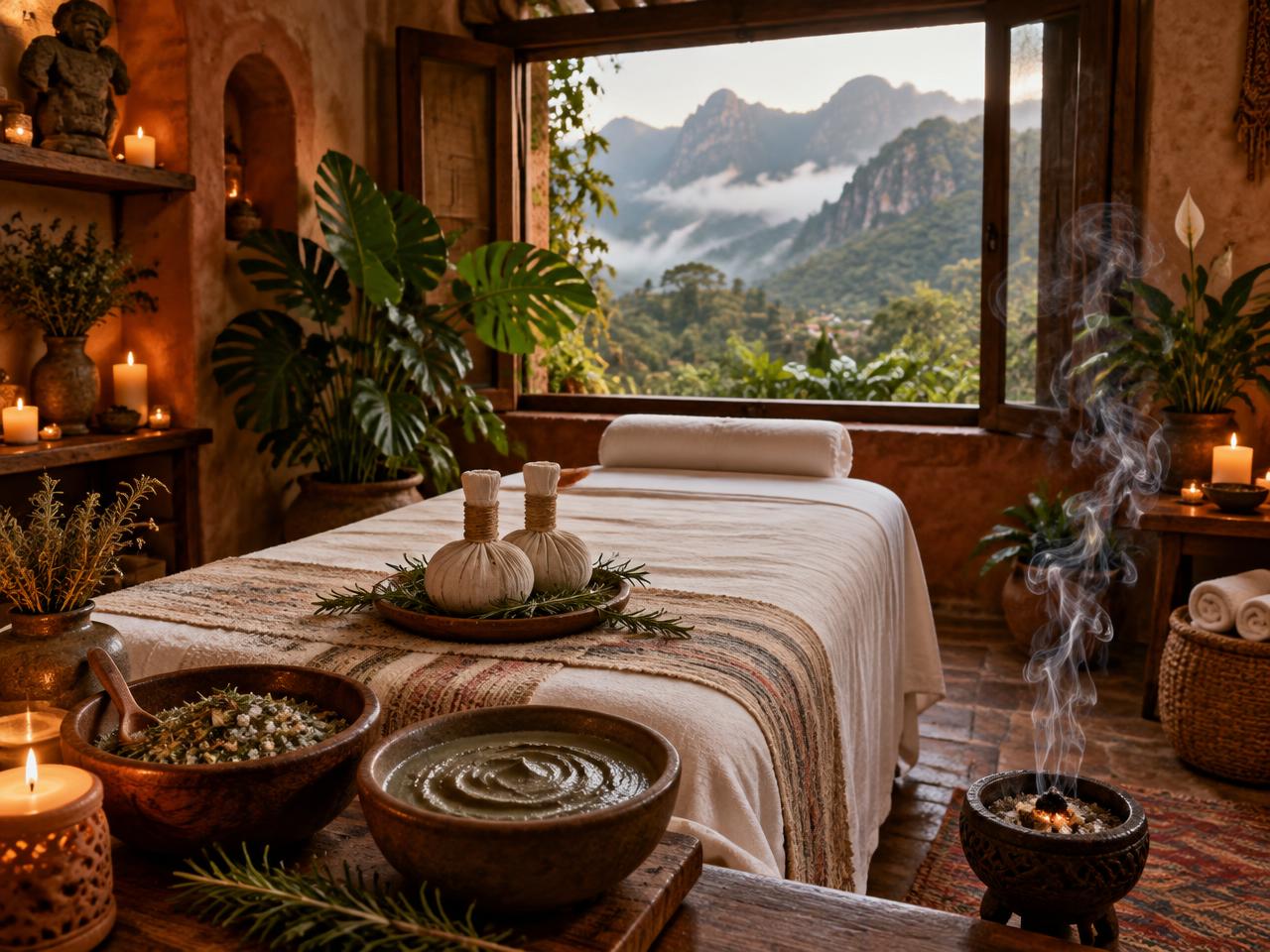 Cabina de masaje del Day Spa Temazcalli en Tepoztlán con compresas de hierbas, romero y vista a las montañas