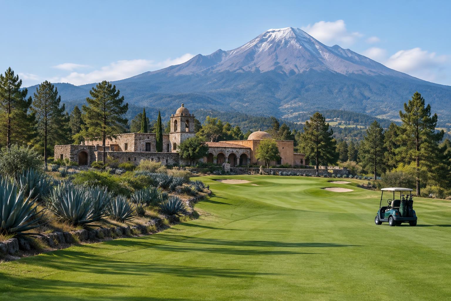 Ilustración fotográfica de un campo de golf y hacienda en el altiplano de Tlaxcala; imagen de referencia, no fotografía del club