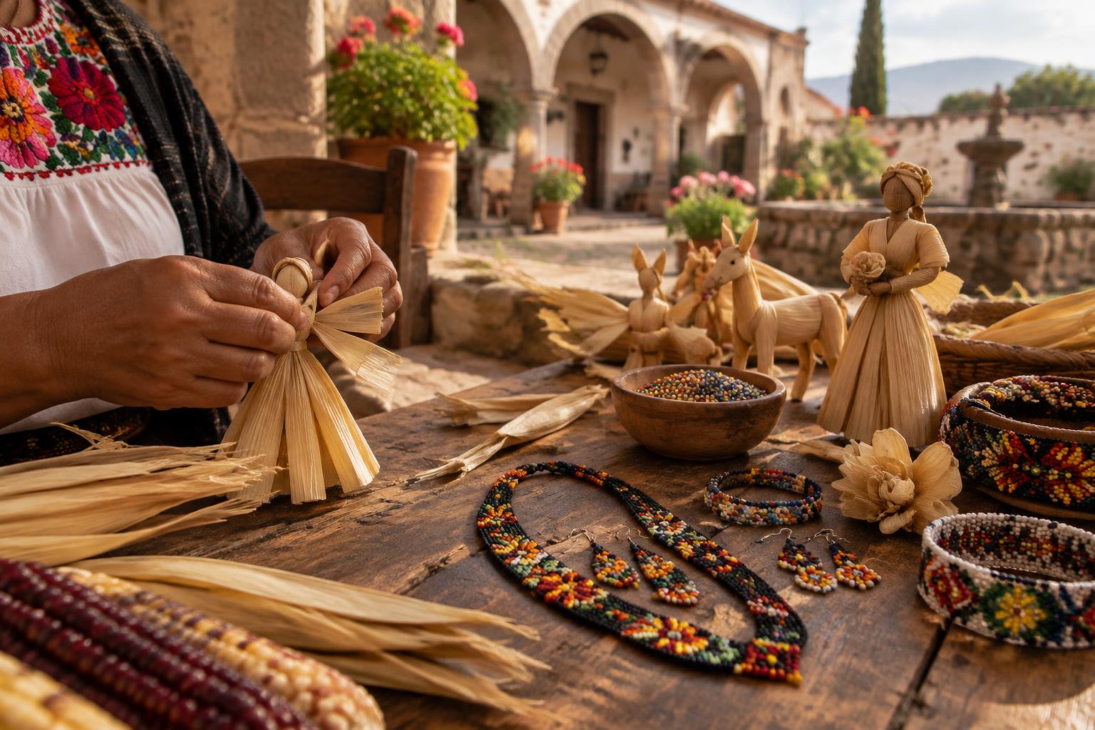 Taller de figuras de totomoxtle y bisutería con semillas en una hacienda histórica de Tlaxcala; imagen de referencia