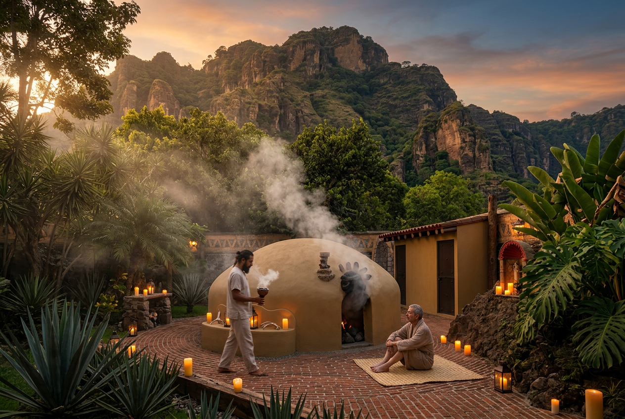 Temazcal tradicional en los jardines del Hotel La Buena Vibra, Tepoztlán, al pie de las montañas