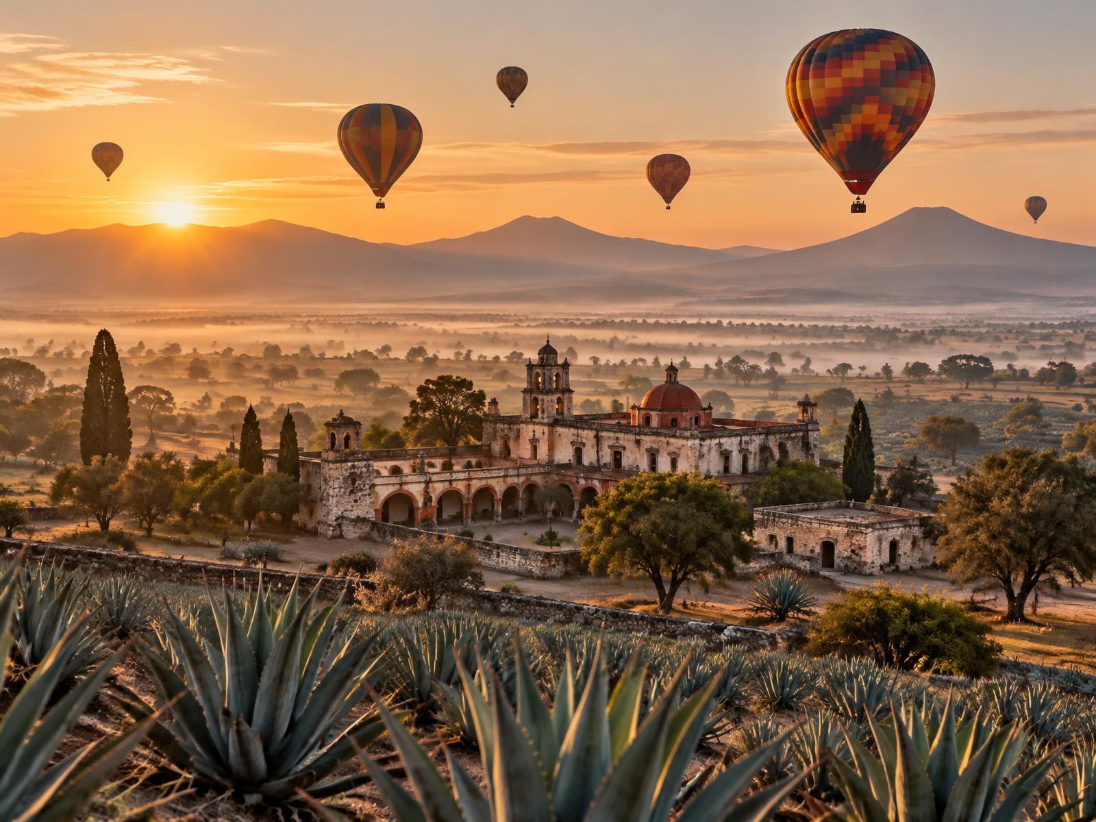 Hot air balloons flying at sunrise with views of La Malinche and a 16th-century pulque hacienda in Tlaxcala, by Onedaytrip Mexico City